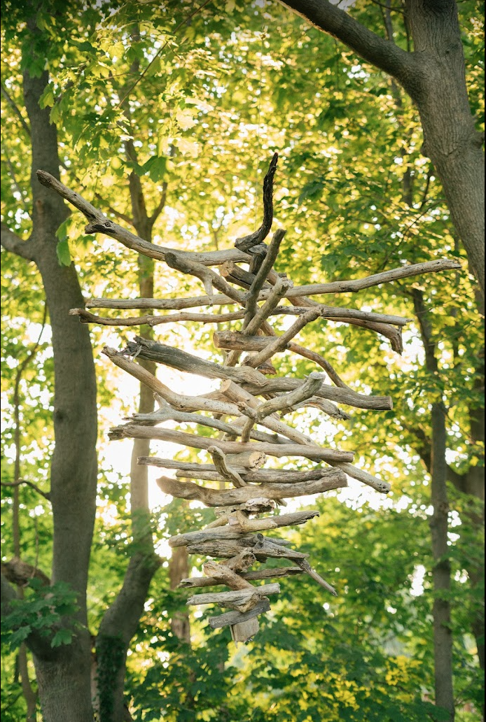 Daytime view of driftwood sculpture